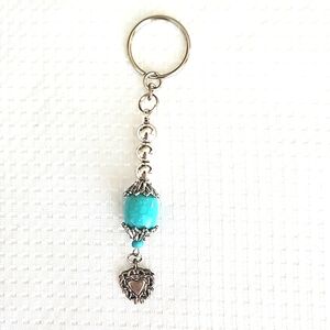 Elegant Turquoise Stone Silver Heart Keychain Keyring Handmade